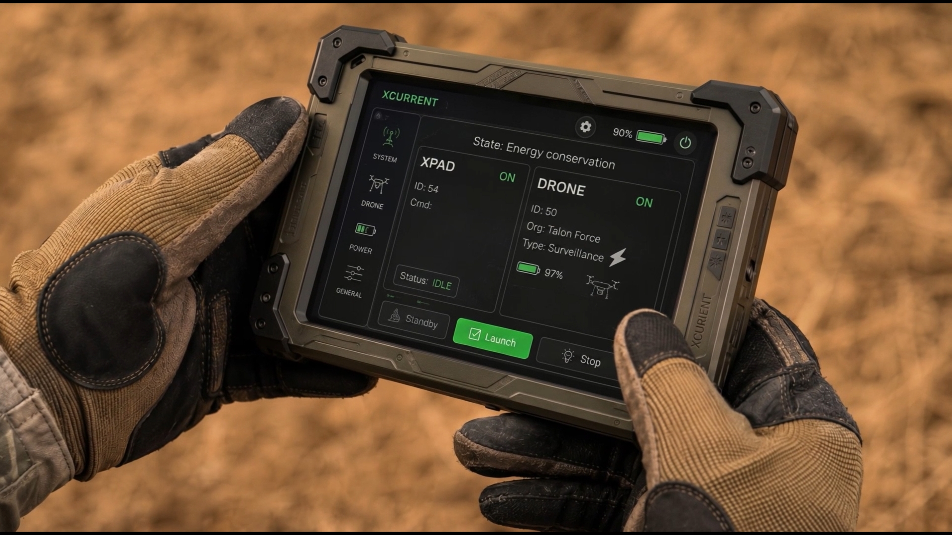 Operator monitoring an autonomous drone-swarm live feed on a rugged tablet from a protected position